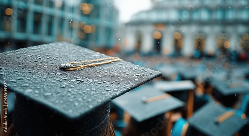 Obraz na płótnie Graduation Ceremony Takes Place Amidst Modern Architecture on a Rainy Day w salonie