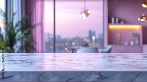 Empty marble kitchen countertop with pink and purple ambient lighting against a blurred home interior, perfect for product display photography