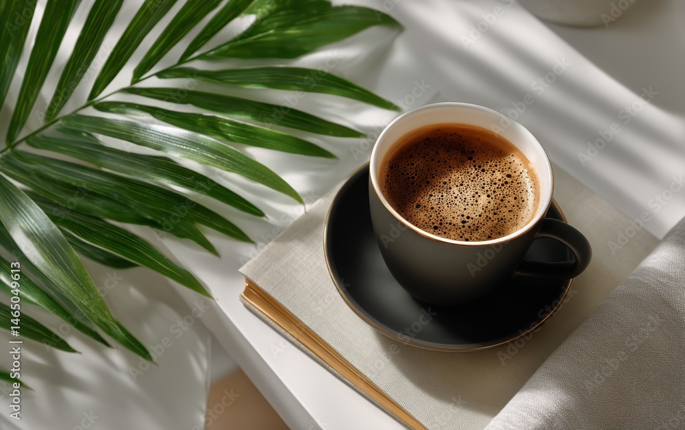 Warm Coffee Cup Positioned Beside a Green Palm Leaf on a Clean Surface During Daylight