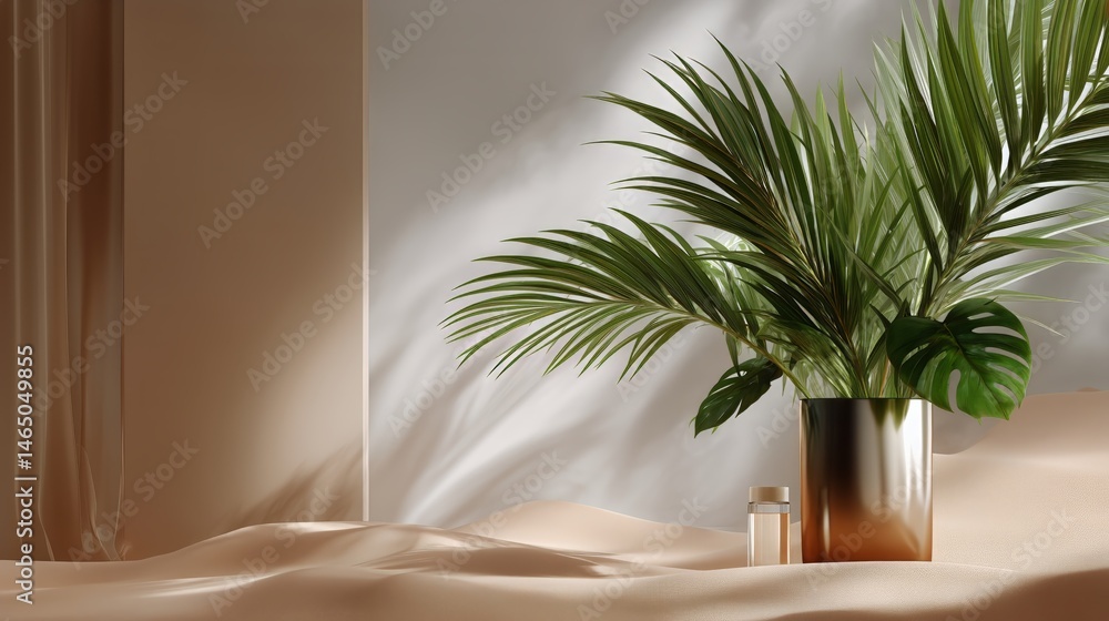 Elegant Green Plant Casting Shadows on Soft Beige Fabric in Bright Light at Home