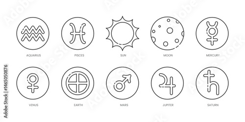 Astrology  Outline Icons Set – Capricorn, Earth-01, Mercury, Moon, Pisces, Sun, Venus, Ascending-Node, Descending-Node, Jupiter, Editable Stroke.