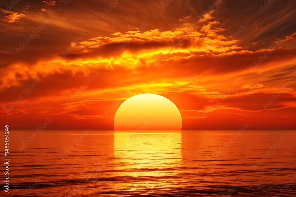 Vibrant sunset over ocean with dramatic clouds reflected in the calm water Vibrant sunset over ocean with dramatic clouds reflected in the calm water
