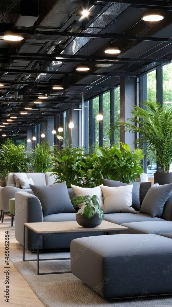 Obraz premium Modern office interior with sofas and green plants, lounge area with contemporary design and natural light, corporate environment