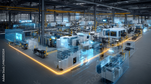 Smart factory with cloud driven machines showcasing advanced automation and digital technology. environment is filled with interconnected systems, enhancing efficiency and productivity