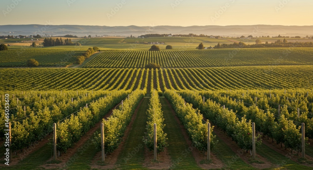 Naklejka premium Picturesque apple orchard landscape showcasing rows under soft golden sunlight