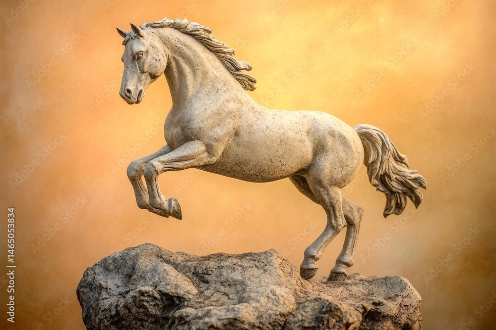 Majestic leaping horse sculpture atop a rocky outcrop. Majestic leaping horse sculpture atop a rocky outcrop.