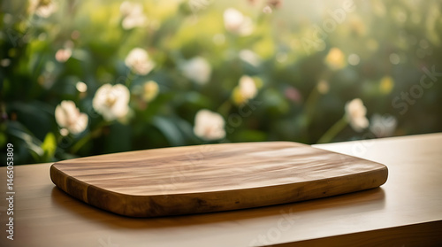 Selective focus. End grain wood counter top with cutting board on blur greeny flower garden in morning with nature light