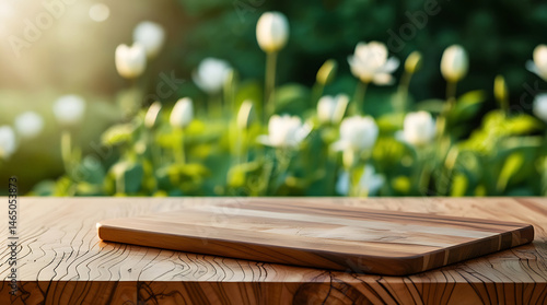 Selective focus. End grain wood counter top with cutting board on blur greeny flower garden in morning with nature light