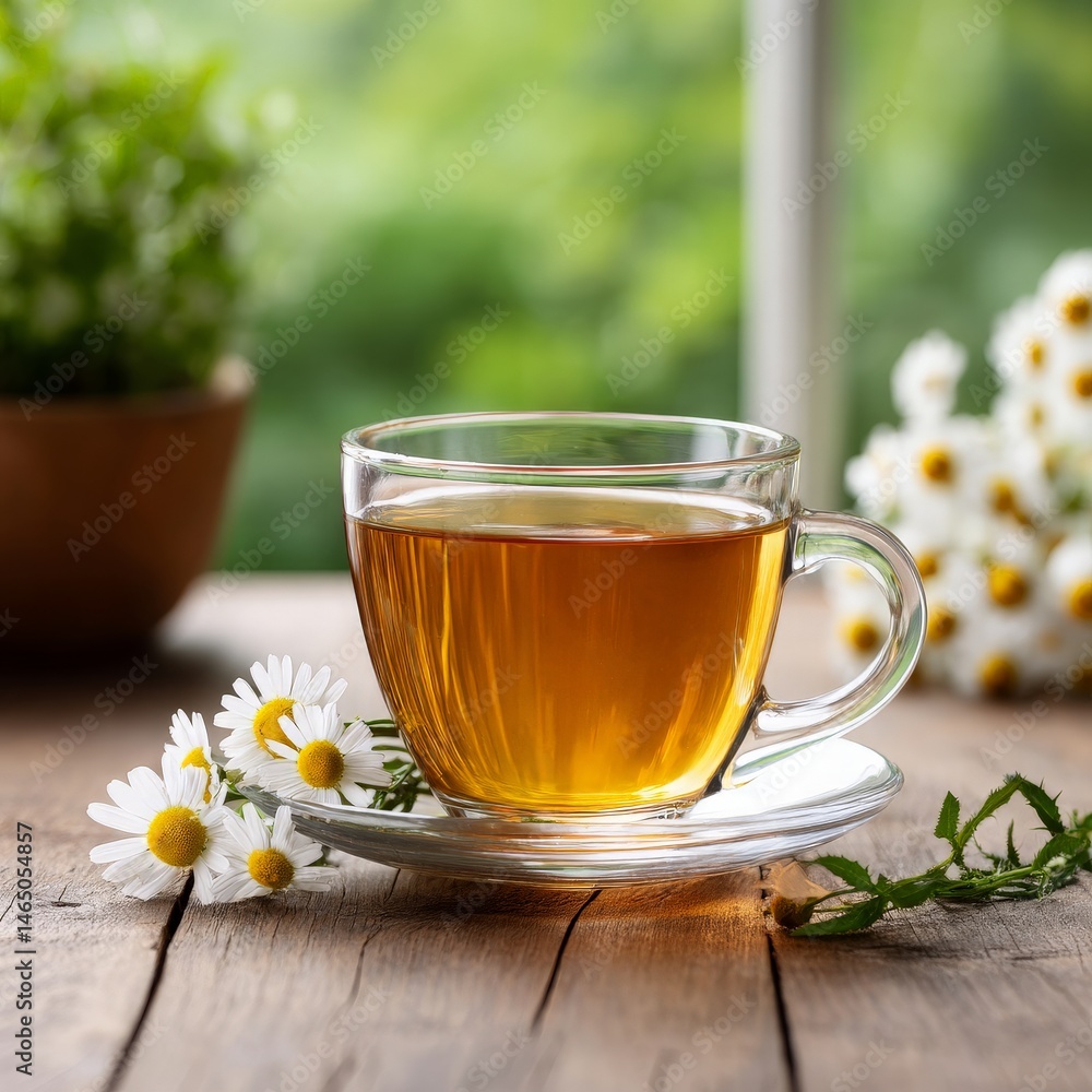 Serene Tea Moment with Fresh Chamomile Flowers in a Cozy Setting, Inviting Warmth of Relaxation and Nature's Simplicity Captured in Delicious Brewed Tea Serene Tea Moment with Fresh Chamomile Flowers in a Cozy Setting, Inviting Warmth of Relaxation and Nature's Simplicity Captured in Delicious Brewed Tea