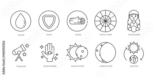 Astrology  Outline Icons Set – Water, Astrologist, Lunar-Eclipse, Metal, Natal-Chart, Palm-Reading, Solar-Eclipse, Telescope, Wood, Ceres, Editable Stroke.