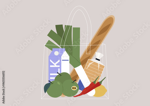 Highlighting a vibrant collection of groceries neatly arranged in a transparent tote shopping bag, emphasizing the importance of sustainability and healthy eating habits