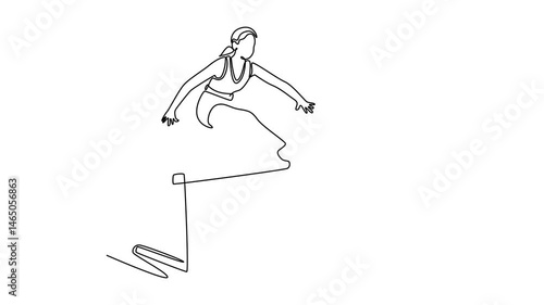Self drawing animation of single line draw athlete jumping over hurdle during training on race track in athletic stadium. Woman hurdler runner overcoming barrier. Continuous line. Full length animated