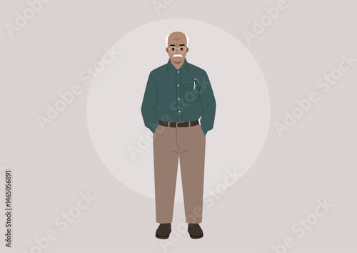 A senior man stands upright, wearing glasses and a neatly pressed shirt, exuding confidence, His balding head highlights a life of experience, complemented by a calm demeanor