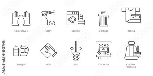 Cleaning  Outline Icons Set – Spray, Vacuum Cleaner, Detergent, Garbage, Ironing, Laundry, Wipe, Car Seat Cleaning, Car Wash, Mop, Editable Stroke.