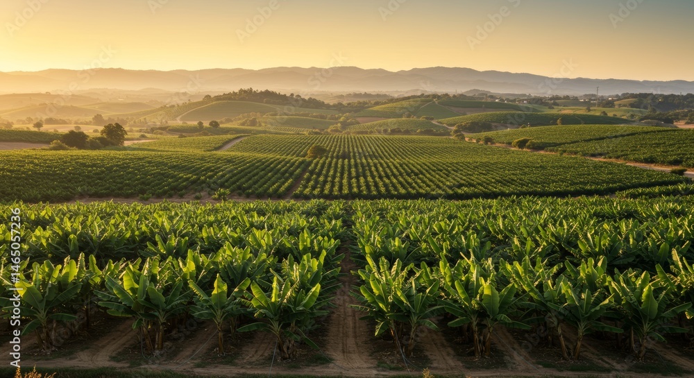 Fototapeta premium Picturesque banana plantation landscape under soft golden sunlight and clear blue sky