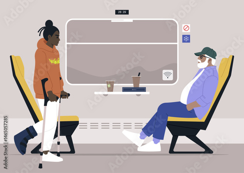 Inside a calm train compartment, a young person with crutches sitting down across from an elderly man, Each absorbed in their thoughts, they share the space, highlighting a moment of coexistence