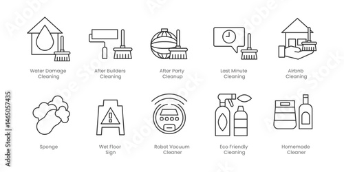 Cleaning  Outline Icons Set – Sponge, Eco Friendly Cleaning, Homemade Cleaner, Robot Vacuum Cleaner, Wet Floor Sign, Editable Stroke.