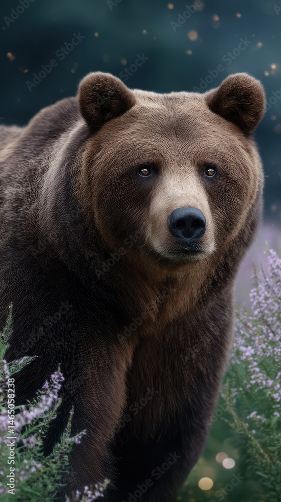 Fototapeta premium Powerful brown bear portrait in a field of heather with blurred background in nature showcasing wildlife and animal conservation