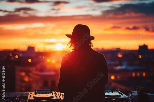 DJ performing at sunset on a rooftop, with city skyline in the background and vibrant colors