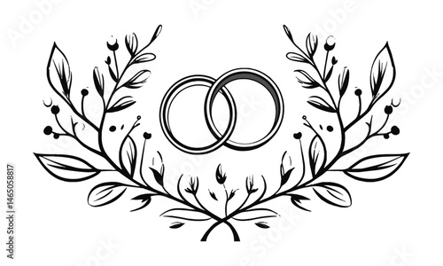 Modern black and white vector illustration of two interlocking wedding rings, easily scalable and editable.