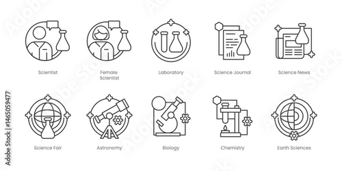 Science  Outline Icons Set – Scientist, Female Scientist, Laboratory, Science Journal, Science News, Astronomy, Biology, Science Fair, Anthropology, Chemistry, Editable Stroke.