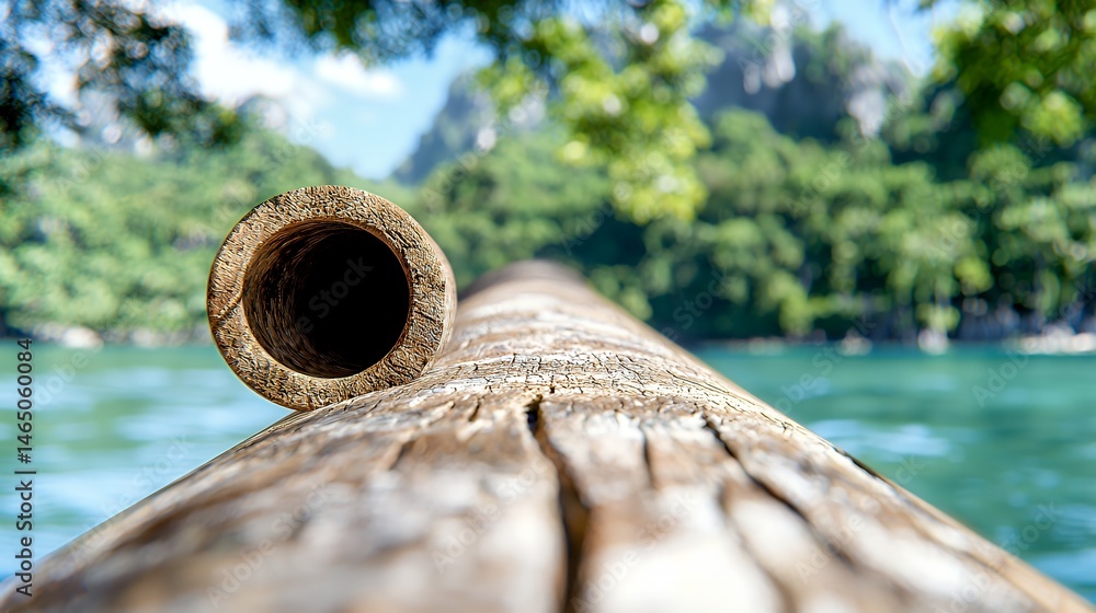 Naklejka premium Close Up of Bamboo Log with Blurred Water and Lush Greenery
