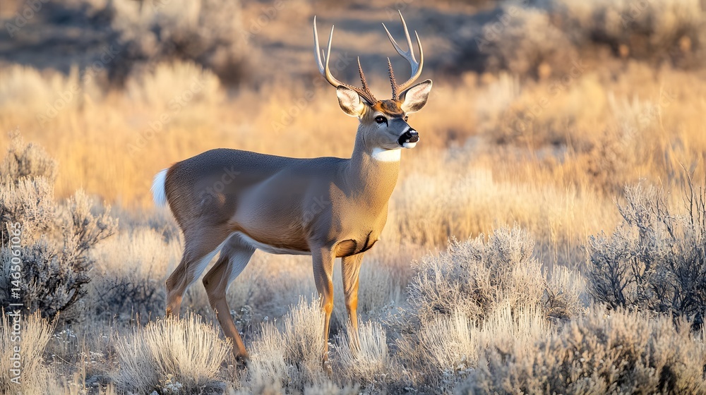 Fototapeta premium Majestic white-tailed deer stands alert in golden meadow.