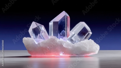 Minimalist colorful translucid Cristal minerals over a dark background, glowing neon light from inside.