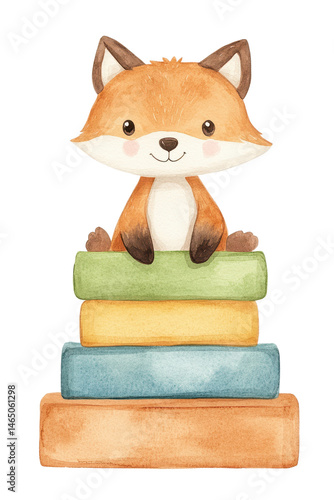 Cute Fox Character Sitting on Stack of Colorful Books in Watercolor Style