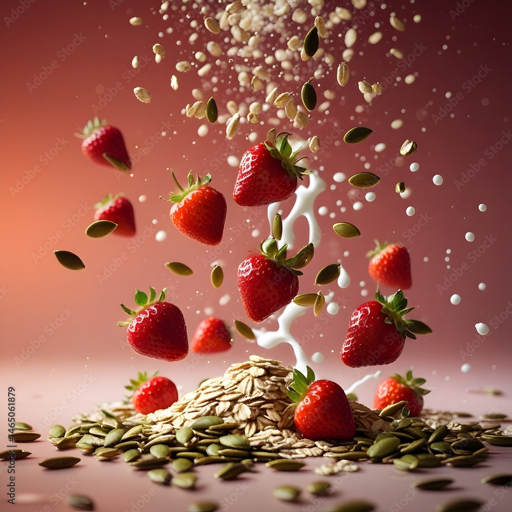 plump and juicy strawberries, rolled oats, and roasted pumpkin seeds, floating in the air plump and juicy strawberries, rolled oats, and roasted pumpkin seeds, floating in the air