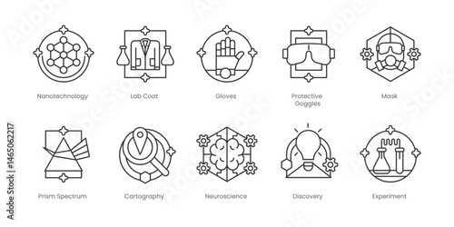 Science  Outline Icons Set – Gloves, Lab Coat, Nanotechnology, Protective Goggles, Cartography, Mask, Prism Spectrum, Discovery, Experiment, Neuroscience, Editable Stroke.