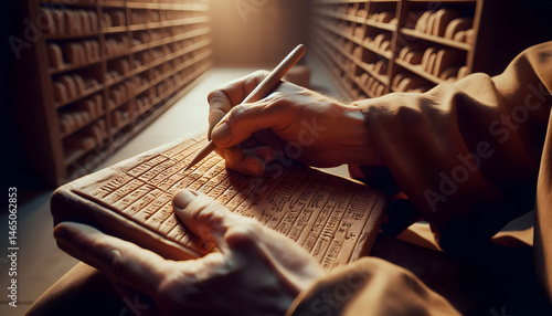 Macro-level visual of a Mesopotamian scribe etching cuneiform into clay, set in a temple archive room. Generative AI