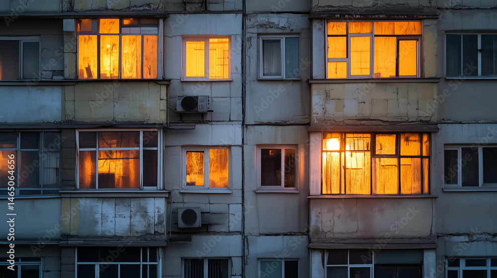 Old apartment building facade at dusk with warm glowing lights behind worn windows and peeling exterior walls. Old apartment building facade at dusk with warm glowing lights behind worn windows and peeling exterior walls.