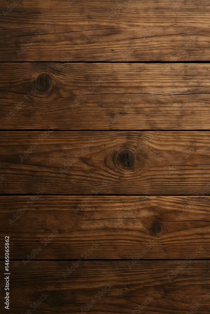 Obraz premium Top-down view of rustic, weathered wooden planks, visible grains and knots, warm brown tones, soft natural light, ideal for organic or craft designs. 