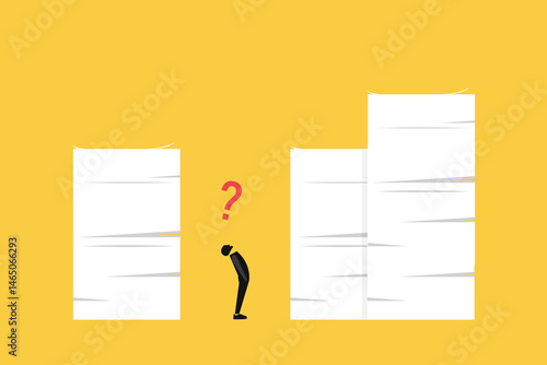 Businessman with question mark looking up documents paperwork. concept of Workload and aggressive deadline causing exhaustion and burnout, overload or overworked office routine
