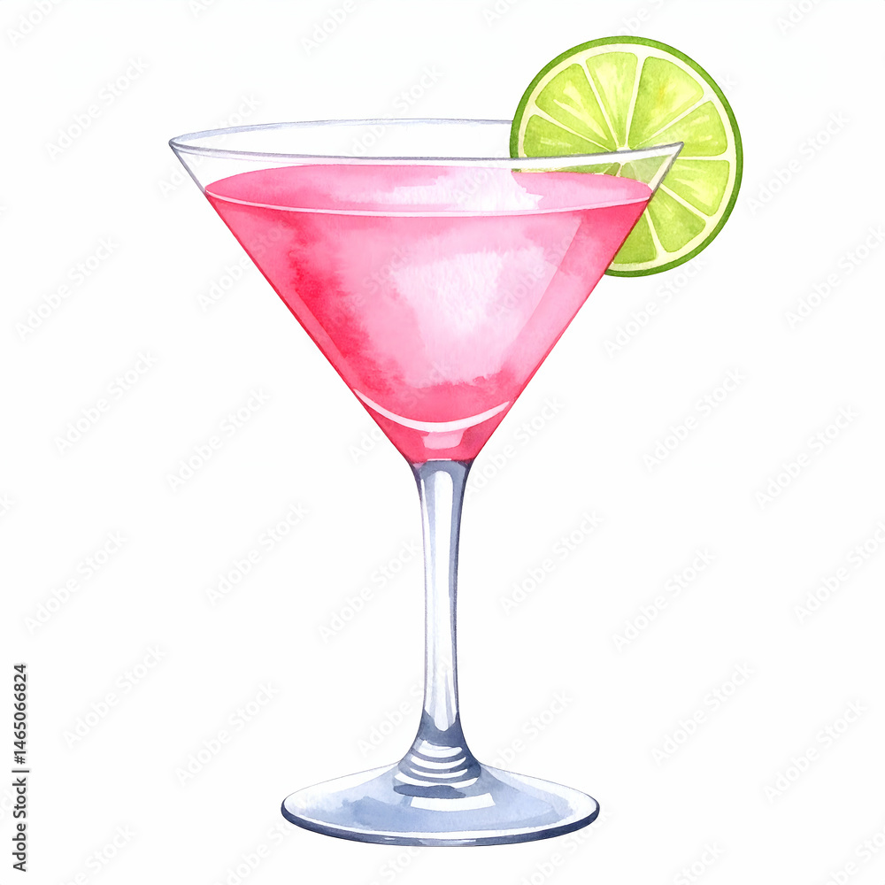Pink Martini Cocktail: A tempting and visually captivating pink martini cocktail with a lime wedge garnishes in a martini glass, presented in a watercolor style. Pink Martini Cocktail: A tempting and visually captivating pink martini cocktail with a lime wedge garnishes in a martini glass, presented in a watercolor style.