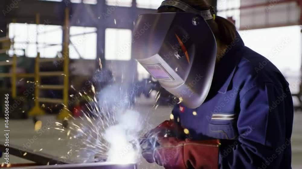 Welder at work, sparks flying in a metal fabrication shop, showcasing industrial craftsmanship and safety. Welder at work, sparks flying in a metal fabrication shop, showcasing industrial craftsmanship and safety.