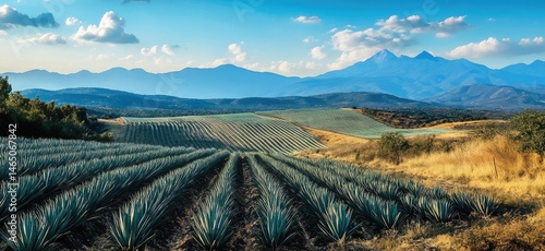 Expansive agave fields stretch across a hillside landscape, meeting the horizon under a vibrant sky