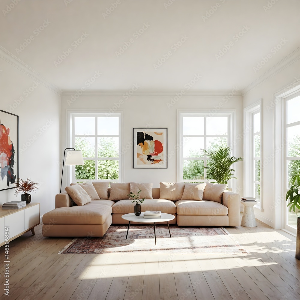 Fototapeta premium Frame mockup, ISO A paper size. Living room wall poster mockup. Interior mockup with house background. Modern interior design. 3D render 