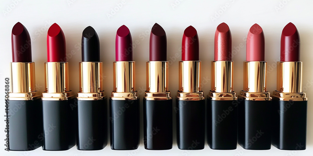 Obraz premium Elegant display of 10 lipsticks in different shades, shapes and textures on a white background