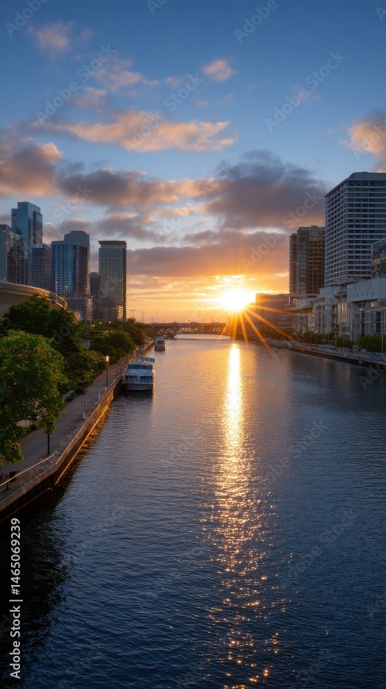 Fototapeta premium Sunrise over urban river with boats and architecture city landscape serene water reflections morning light scenic travel destination