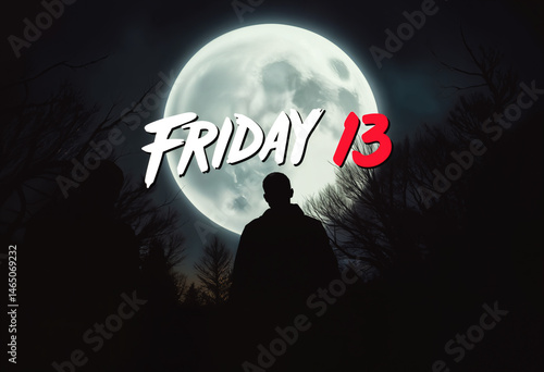 Friday the 13th, night, silhouette of a man against a bright moon