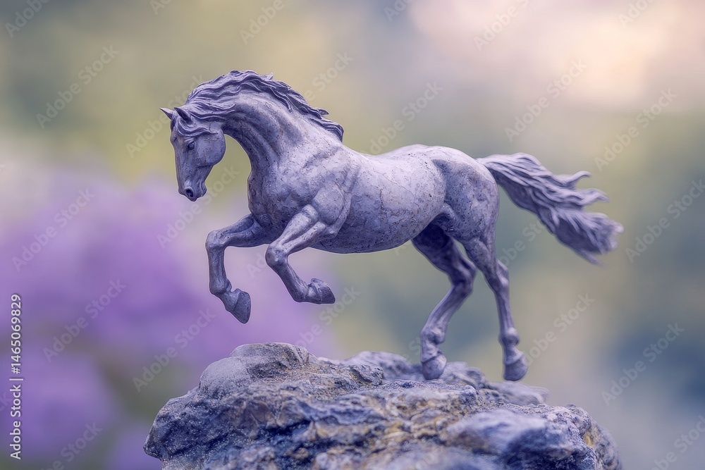 Fototapeta premium A delicate, stylized horse figurine leaping atop a rock.