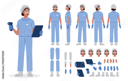 Manufacture quality control worker wearing hairnet, uniform holding scanner. Character for animation. Front, side and back view set. Body parts, postures, poses collection. Vector illustration.