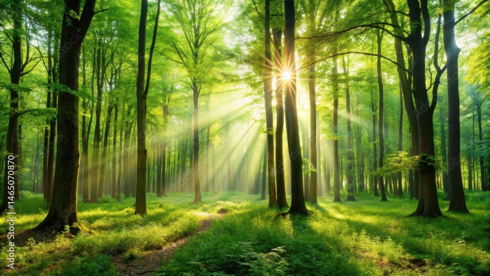 Fototapeta premium Dense green forest with tall trees and sunlight filtering through leaves in a majestic scene, outdoor