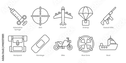 Battle Royale  Outline Icons Set – Adrenaline Syringe, Aim, Aircraft, Airdrop, Assault Rifle, Backpack, Bandage, Bike, Blue Zone, Boat, Editable Stroke.