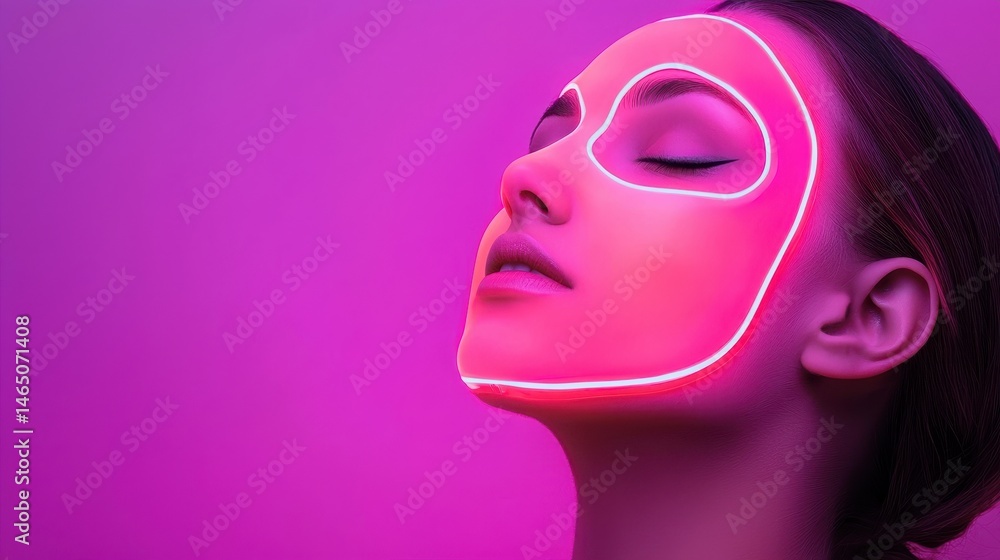 A woman with a glowing neon face mask is shown against a vibrant pink background, embodying futuristic skincare and beauty technology. A woman with a glowing neon face mask is shown against a vibrant pink background, embodying futuristic skincare and beauty technology.