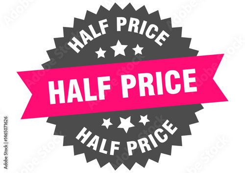 half price. half price round pink label isolated on transparent background
