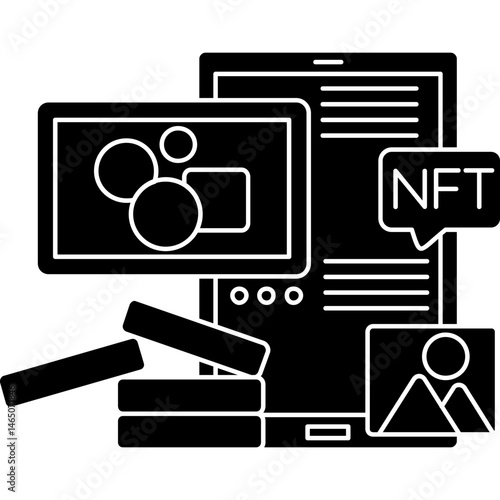 NFT Display Icon � Smartphone with Shapes and Picture, Featuring NFT Message