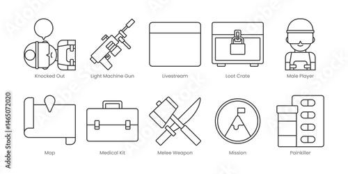 Battle Royale  Outline Icons Set – Knocked Out, Light Machine Gun, Livestream, Loot Crate, Male Player, Map, Medical Kit, Melee Weapon, Mission, Painkiller, Editable Stroke.